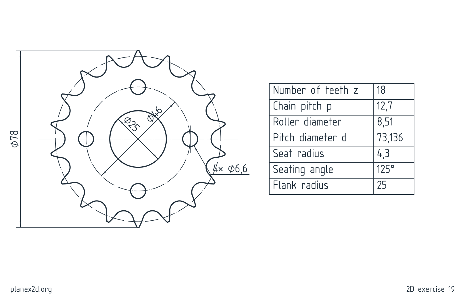 The chain sprocket exercise: a dimensioned drawing of a plate sprocket with 18 teeth, a bore and four holes, with its sprocket data in a table