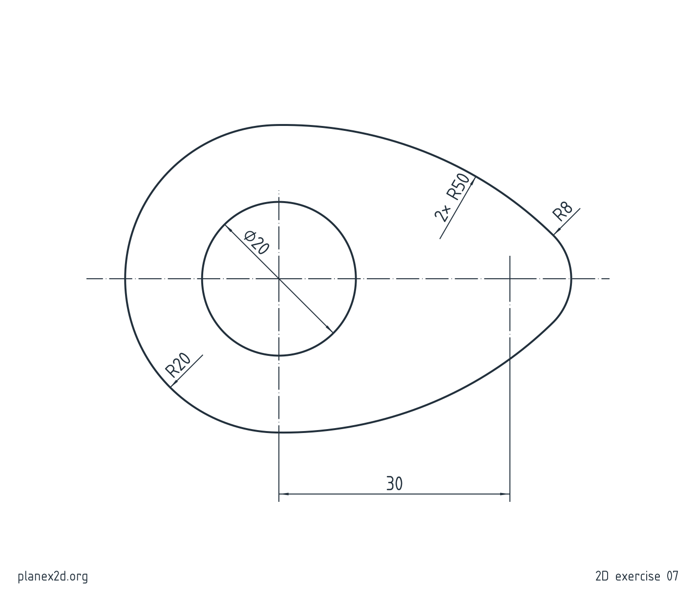 The circular-arc cam exercise: a dimensioned drawing of a cam with a base circle, a nose and two flanks of large radius
