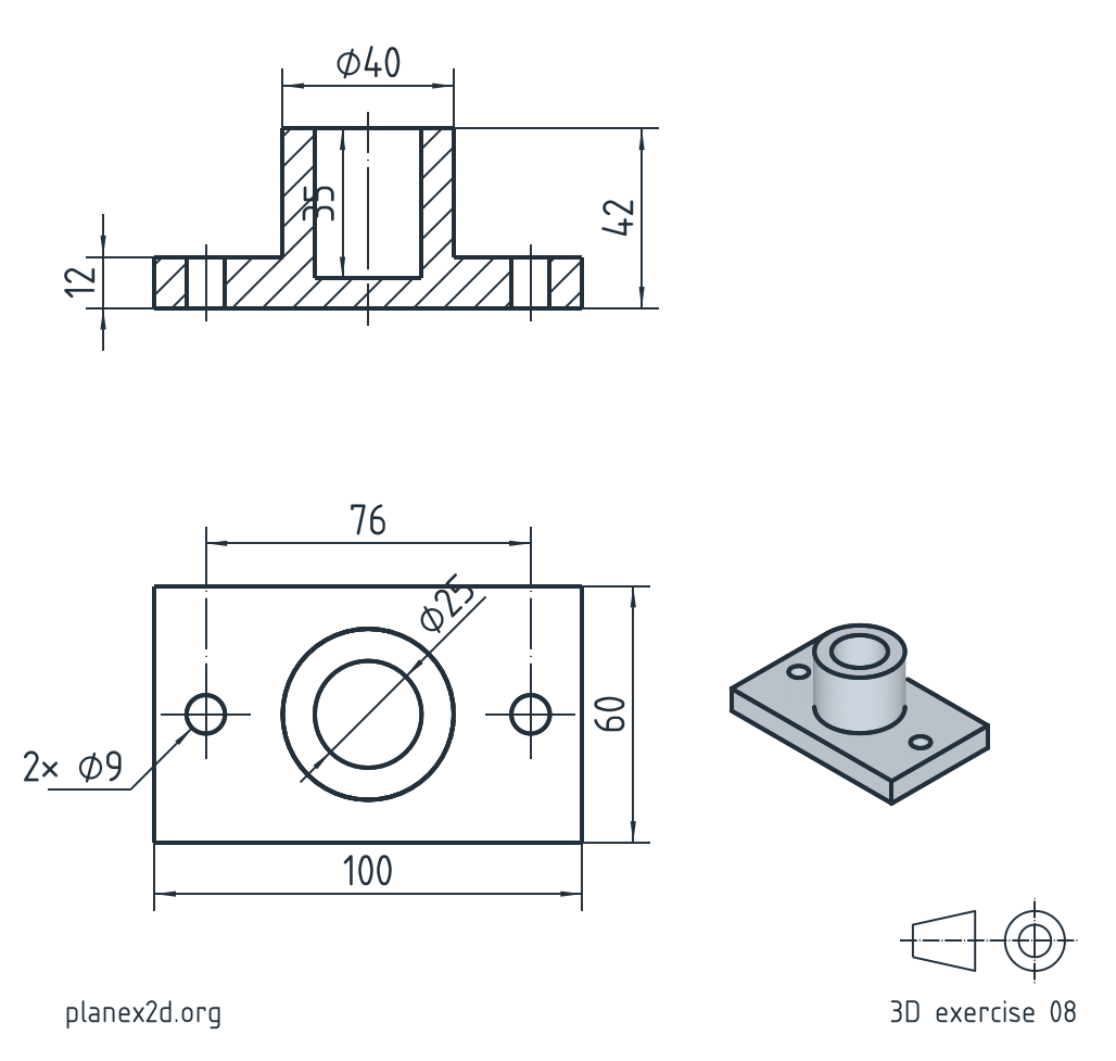 The column base exercise: a dimensioned drawing of a rectangular plate with two holes and a boss with a blind bore, in a full section, a top view and an isometric