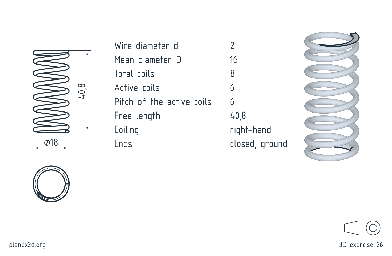 The compression spring exercise: a drawing of a helical compression spring with closed and ground ends, in a front view, a top view, its spring data in a table and an isometric