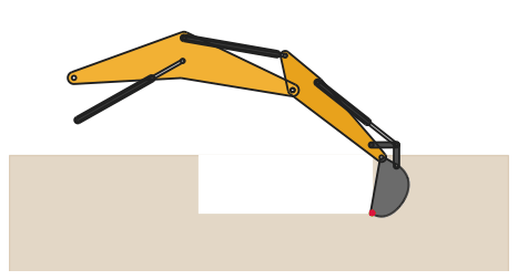 An excavator arm grading a level trench floor, its three cylinders found by the sketch