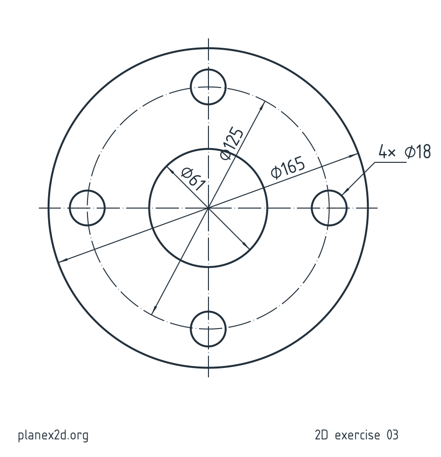 The flange gasket exercise: a dimensioned drawing of a round gasket with a bore and four holes on a bolt circle