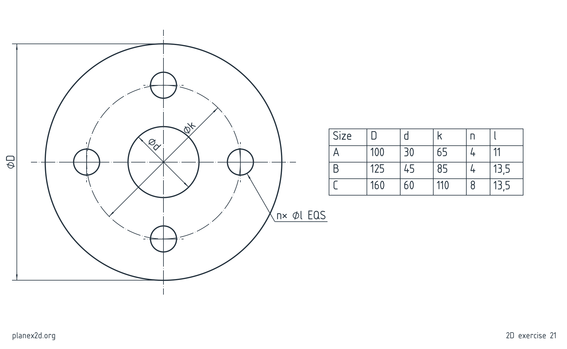 The flange series exercise: a tabulated drawing of a round flange with a bore and holes on a bolt circle, its dimensions as letters, and a table of three sizes