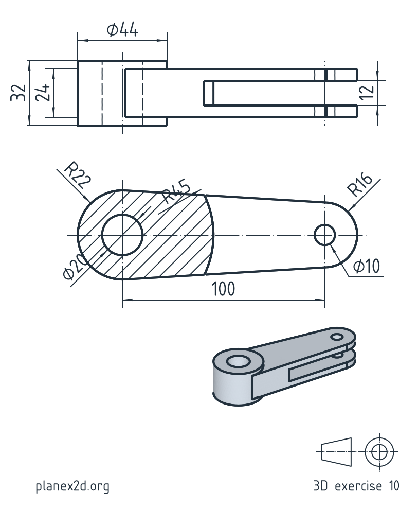 The fork lever exercise: a dimensioned drawing of a lever with a hub boss on both faces, a slot through the middle of its thickness and a pin hole, in a front view, a section through its middle plane and an isometric