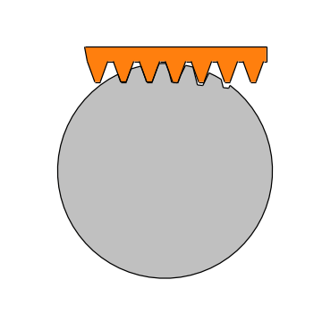 A rack cutter rolling over a gear blank and cutting its teeth