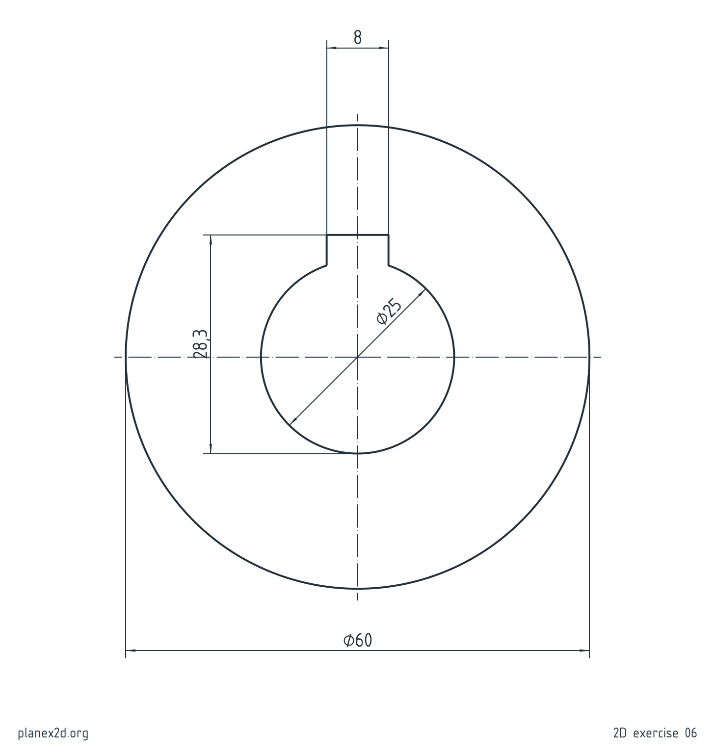 The keyed hub exercise: a dimensioned drawing of a round hub with a bore and a keyway