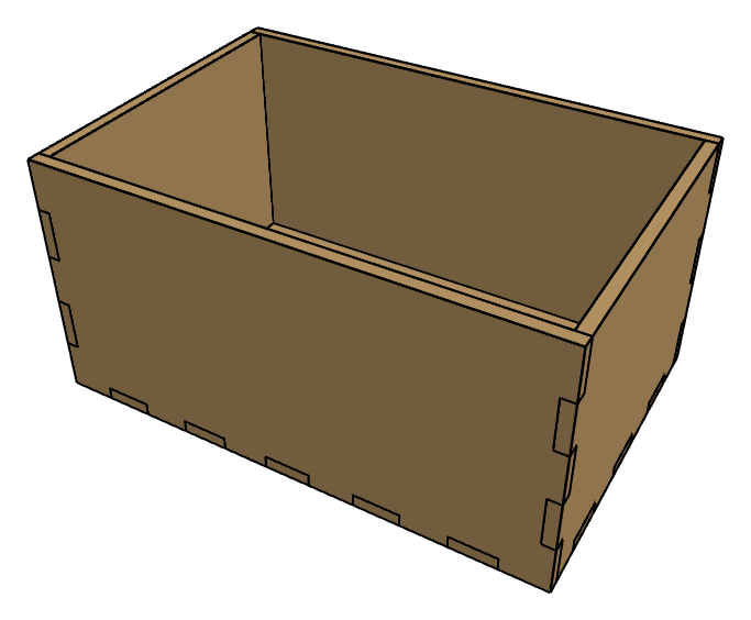 A laser-cut box with finger joints, assembled from five flat parts