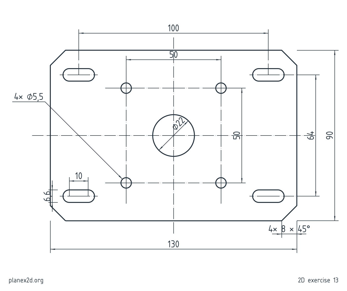 The motor mount plate exercise: a dimensioned drawing of a rectangular plate with chamfered corners, a bore, four screw holes and four slots