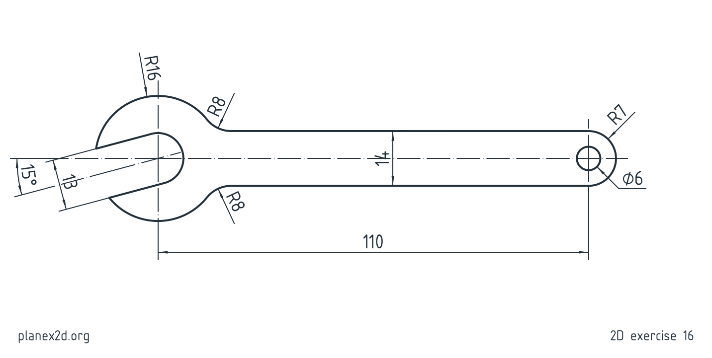 The open-end spanner exercise: a dimensioned drawing of a spanner with a round head, a jaw at 15 degrees to the handle and a hole at the handle's end