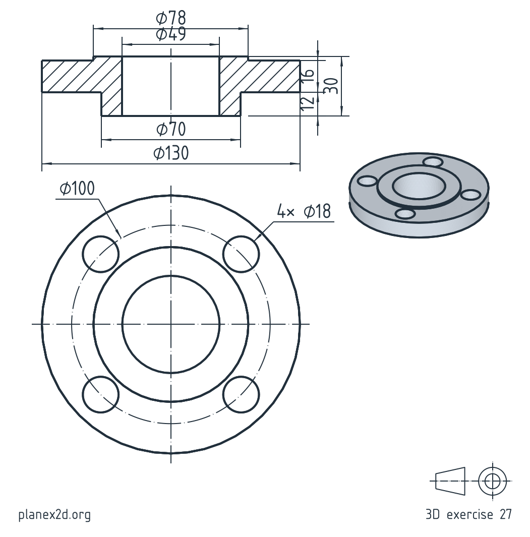 The pipe flange exercise: a dimensioned drawing of a slip-on flange with a hub, a raised face and four bolt holes, in a full section, a view onto the raised face and an isometric