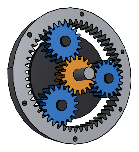 A planetary gearbox: sun, three planets, ring gear, carrier and shaft