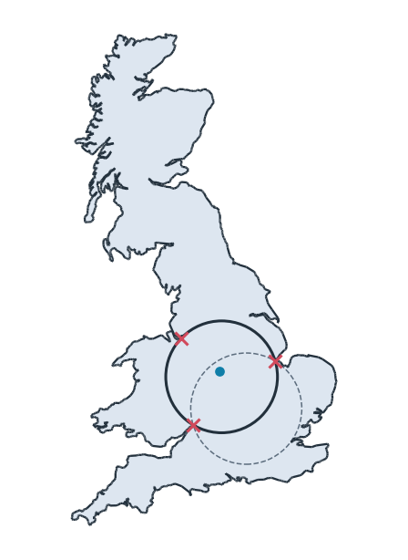 Great Britain's coast with the largest circle that fits inside it, touching the Wash, the Severn and the Mersey