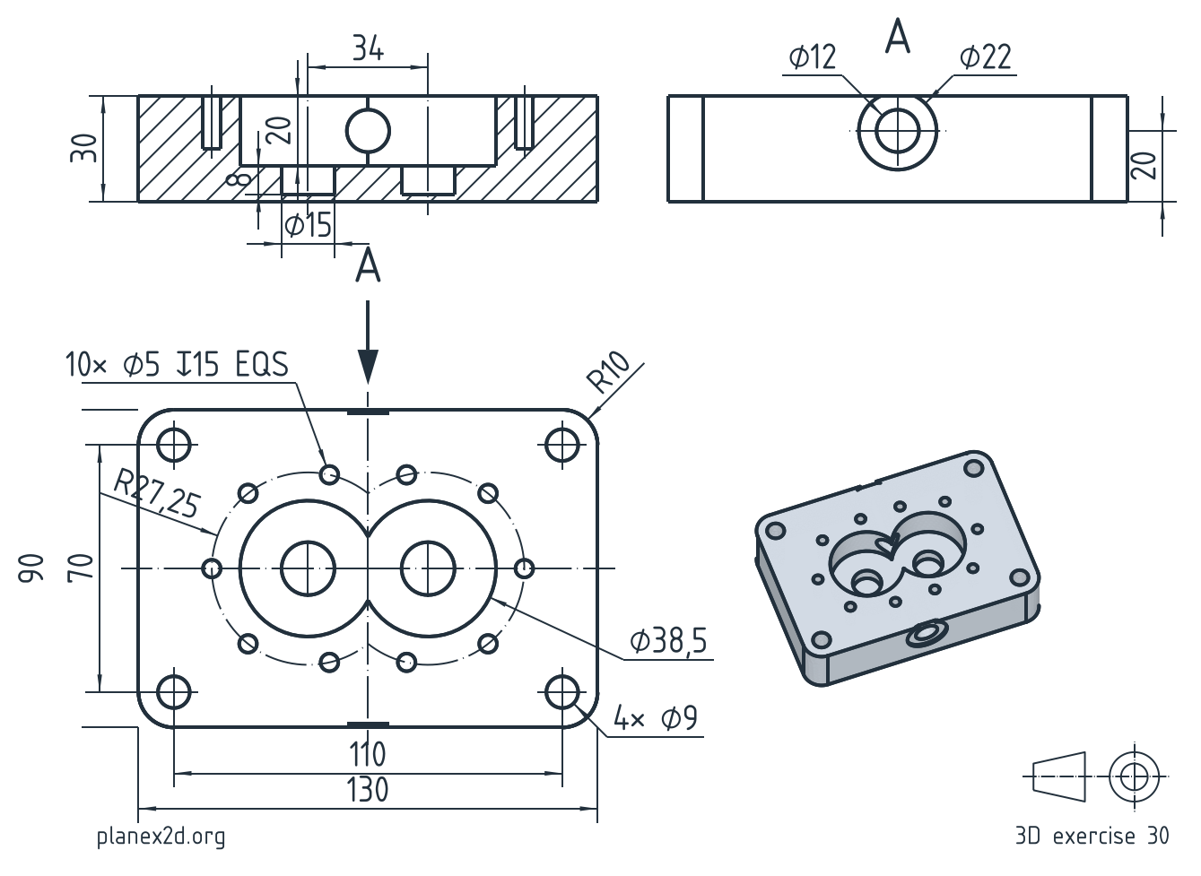 The gear pump housing exercise: a dimensioned drawing of a block with two overlapping gear chambers, bearing bores, tapped holes around the chambers, mounting holes and a port on each side, in a top view, a full section, a side view and an isometric