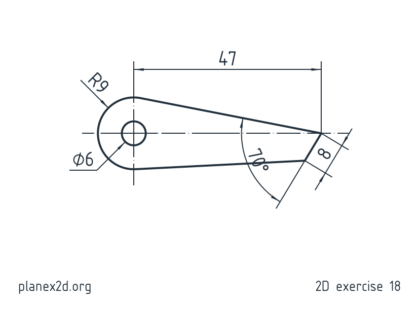 The ratchet pawl exercise: a dimensioned drawing of a pawl with a round boss around its pivot, a tapering arm and a tooth at its tip