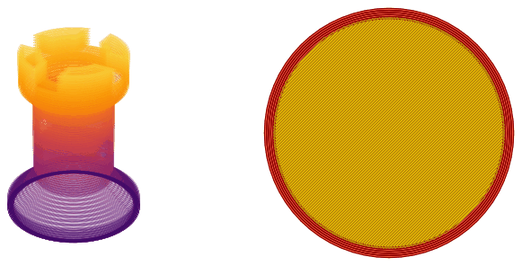 A chess rook sliced into layers with perimeters and infill, built up layer by layer