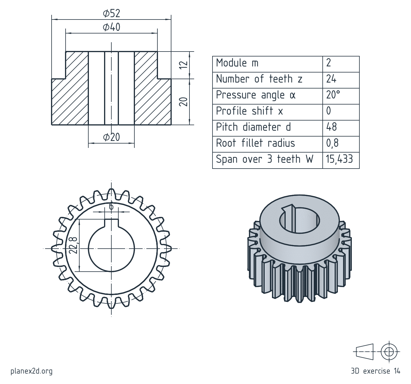 The spur gear exercise: a dimensioned drawing of a spur gear with 24 involute teeth, a hub and a keyed bore, in a full section and a view along its axis, with its gear data in a table and an isometric