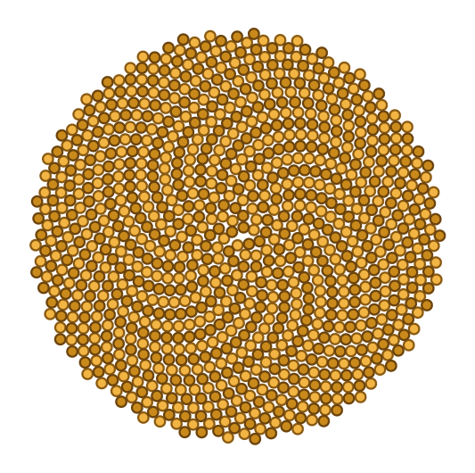 A sunflower head of a thousand seeds at the golden angle, every other one of its 34 spirals in a darker color