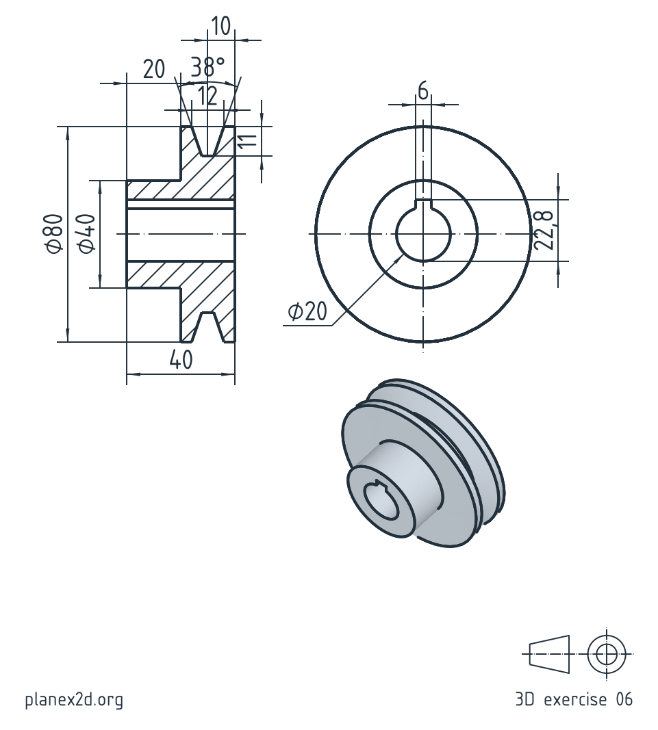 The V-belt pulley exercise: a dimensioned drawing of a pulley with a V-groove, a hub on one side and a keyed bore, in a full section, a side view and an isometric