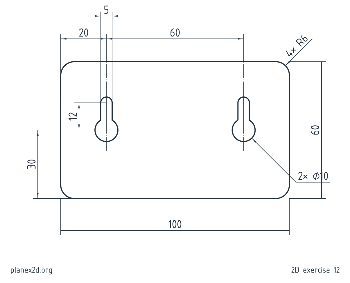 The wall hanger exercise: a dimensioned drawing of a rectangular plate with rounded corners and two keyholes