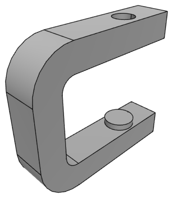 A C-clamp frame extruded from a planex2d sketch, with its screw hole and anvil pad