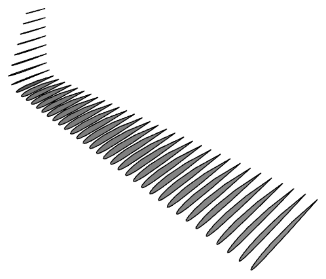 NACA sections drawn by planex2d on planes along the span of a wing, before the loft