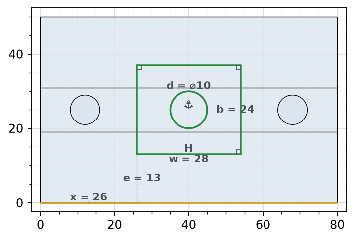 A fully constrained sketch of a pocket and a bore on a block, dimensioned from the block's projected bottom edge, drawn in gold