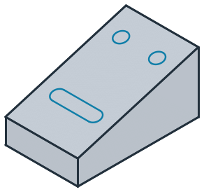 A slot and two holes sketched on the sloped face of a wedge block, placed from its projected edges