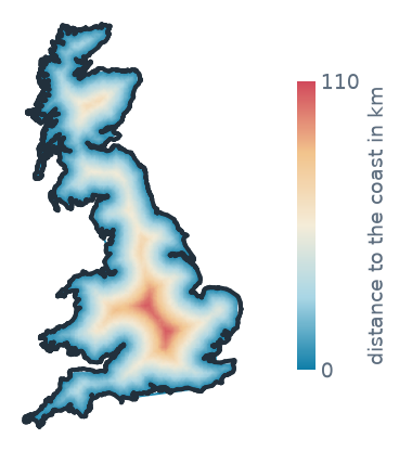 The distance to the coast on a grid of 10 km